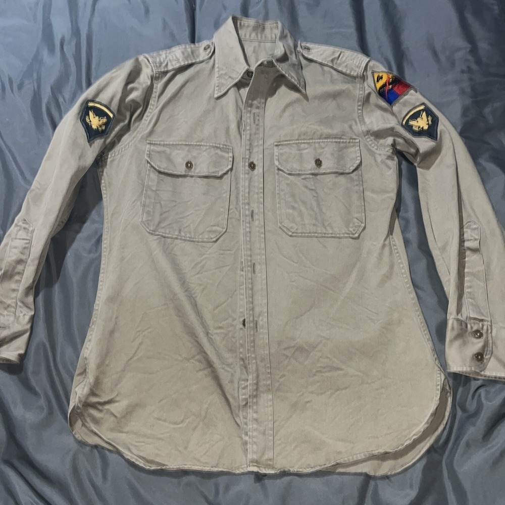 Vintage 1950s US Army Korean‎ War Khaki Beige Long Sleeve Button-Up Shirt M